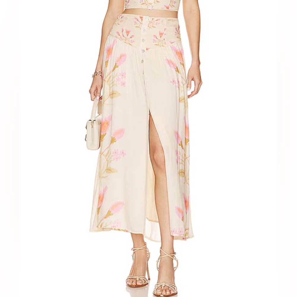 NWT Free People Easy To Love Button Down Cream Floral Midi Skirt Size Large